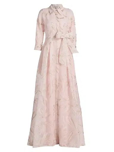 Teri Jon by Rickie Freeman Women's Metallic Organza Jacquard Shirtwaist Gown - Blush Gold - Size 14 | Thumbnail 1