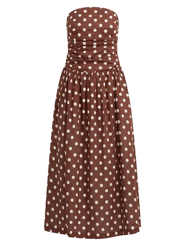 Women's The Reina Polka Dot Strapless Midi-Dress - Chocolate Ecru Dot