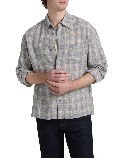 Frame Men's Lightweight Plaid Button-Front Shirt - Cream Blue Plaid - Size XL | Thumbnail 3