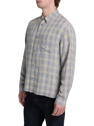 Frame Men's Lightweight Plaid Button-Front Shirt - Cream Blue Plaid - Size XL | Thumbnail 4
