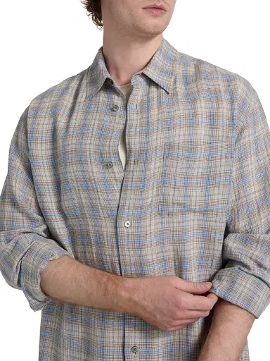 Frame Men's Lightweight Plaid Button-Front Shirt - Cream Blue Plaid - Size XL | Thumbnail 6