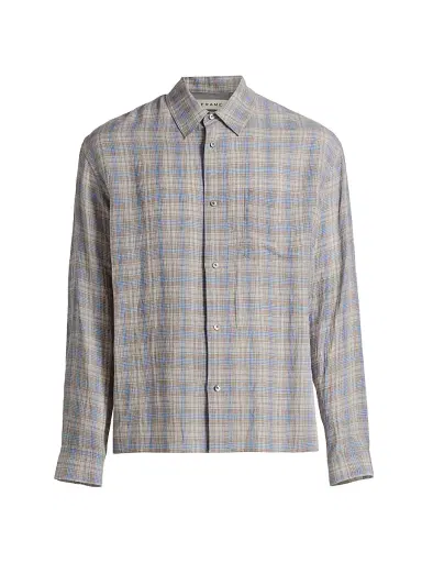 Frame Men's Lightweight Plaid Button-Front Shirt - Cream Blue Plaid - Size XL | Thumbnail 1