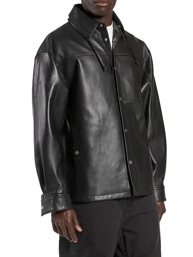 Men's Snap-Front Leather Overshirt - Black