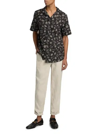 Saks Fifth Avenue Men's Floral Woven Linen Camp Shirt - Black Cream - Size XXL | Thumbnail 2