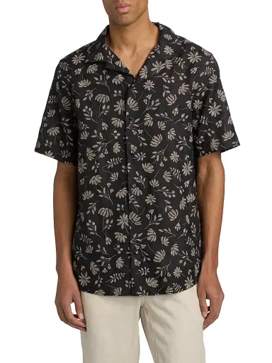 Saks Fifth Avenue Men's Floral Woven Linen Camp Shirt - Black Cream - Size XXL | Thumbnail 3