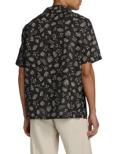 Saks Fifth Avenue Men's Floral Woven Linen Camp Shirt - Black Cream - Size XXL | Thumbnail 5