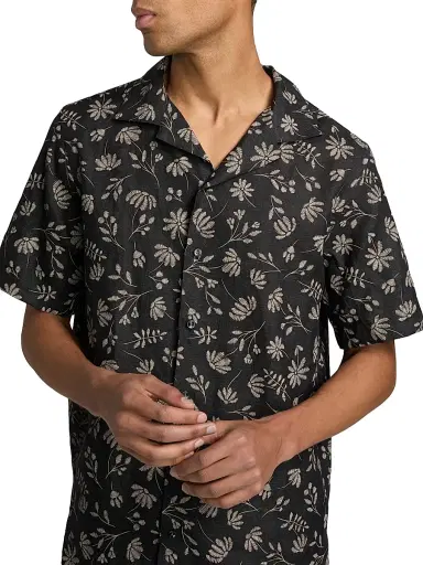 Saks Fifth Avenue Men's Floral Woven Linen Camp Shirt - Black Cream - Size XXL | Thumbnail 6