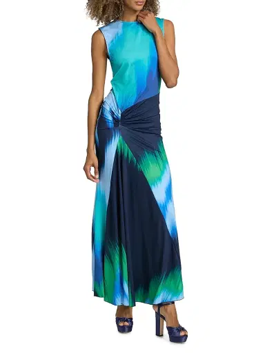 EYWASOULS MALIBU Women's Annie Abstract Ruched Jersey Maxi Dress - Indigo Colorflow - Size Small | Thumbnail 2
