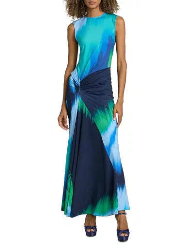 EYWASOULS MALIBU Women's Annie Abstract Ruched Jersey Maxi Dress - Indigo Colorflow - Size Small | Thumbnail 3