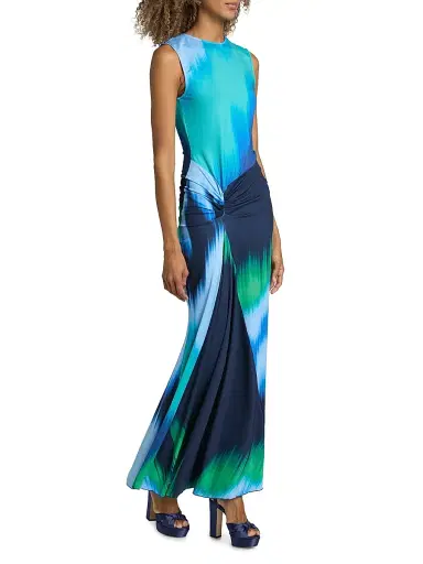 EYWASOULS MALIBU Women's Annie Abstract Ruched Jersey Maxi Dress - Indigo Colorflow - Size Small | Thumbnail 4