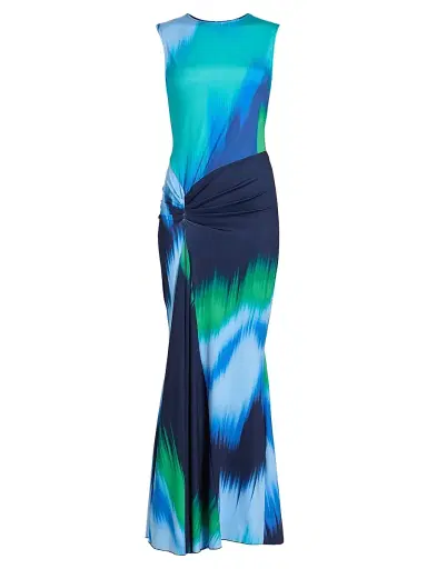 EYWASOULS MALIBU Women's Annie Abstract Ruched Jersey Maxi Dress - Indigo Colorflow - Size Small | Thumbnail 1