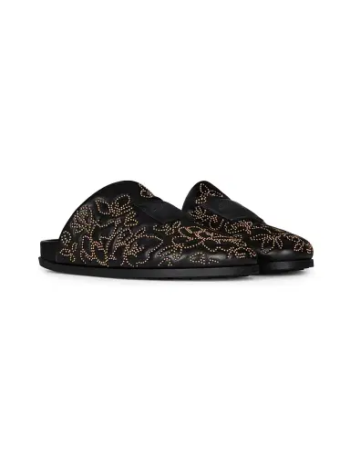 Givenchy Women's Label Flat Mules in Leather with Studs - Black Golden | Thumbnail 2
