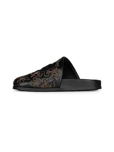 Givenchy Women's Label Flat Mules in Leather with Studs - Black Golden | Thumbnail 3