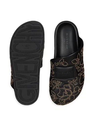 Givenchy Women's Label Flat Mules in Leather with Studs - Black Golden | Thumbnail 4