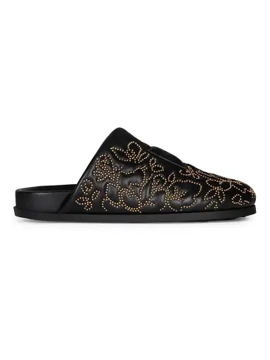 Givenchy Women's Label Flat Mules in Leather with Studs - Black Golden | Thumbnail 1