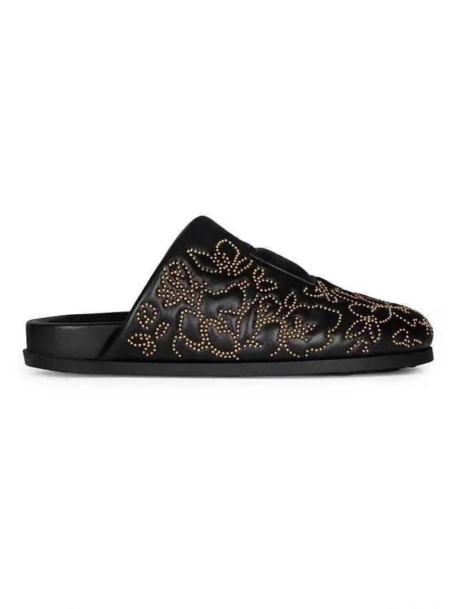 Givenchy Women's Label Flat Mules in Leather with Studs - Black Golden
