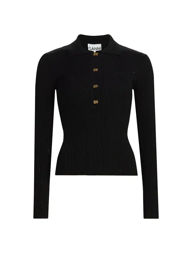 Ganni Women's Fine Sequin Wool-Blend Polo Sweater - Black