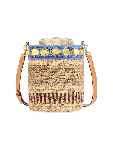 Valentino Garavani Women's Small Embroidered Bucket Bag in Raffia - Natural | Thumbnail 2