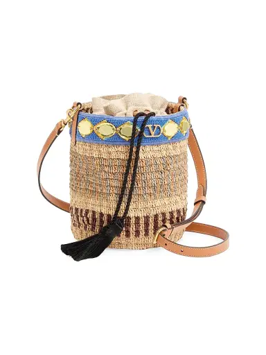 Valentino Garavani Women's Small Embroidered Bucket Bag in Raffia - Natural | Thumbnail 3