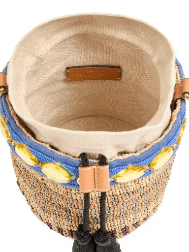Valentino Garavani Women's Small Embroidered Bucket Bag in Raffia - Natural | Thumbnail 5