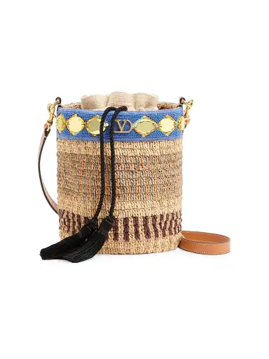 Valentino Garavani Women's Small Embroidered Bucket Bag in Raffia - Natural | Thumbnail 1