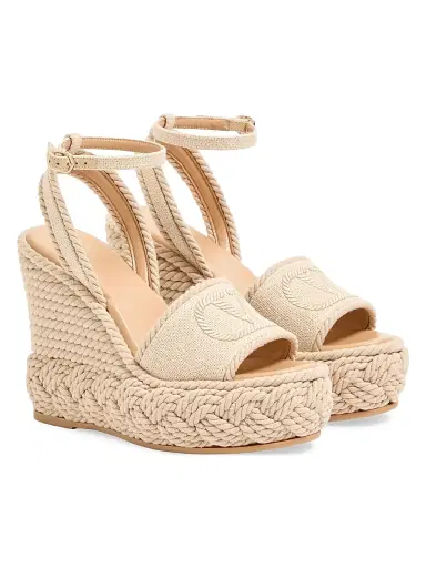 Valentino Garavani Women's VLogo 130MM Torchon Wedge Sandals in Linen Canvas - Ecru - Size 12 | Thumbnail 2