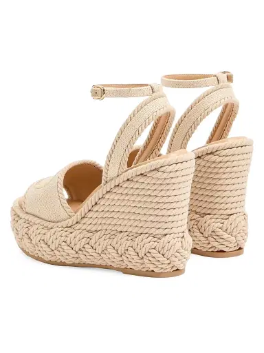 Valentino Garavani Women's VLogo 130MM Torchon Wedge Sandals in Linen Canvas - Ecru - Size 12 | Thumbnail 3