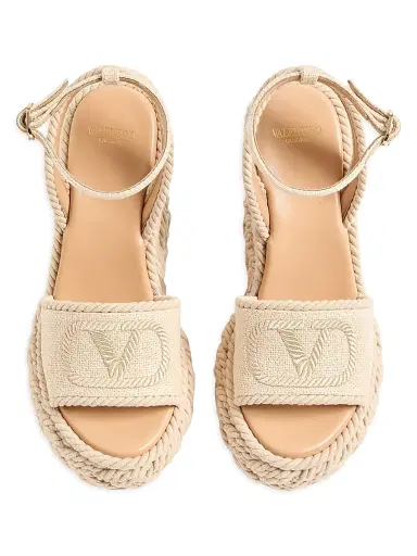 Valentino Garavani Women's VLogo 130MM Torchon Wedge Sandals in Linen Canvas - Ecru - Size 12 | Thumbnail 4