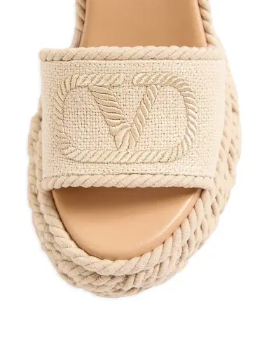 Valentino Garavani Women's VLogo 130MM Torchon Wedge Sandals in Linen Canvas - Ecru - Size 12 | Thumbnail 5
