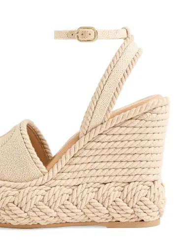 Valentino Garavani Women's VLogo 130MM Torchon Wedge Sandals in Linen Canvas - Ecru - Size 12 | Thumbnail 6