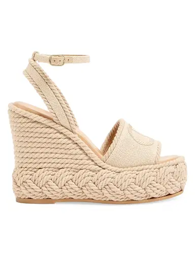 Valentino Garavani Women's VLogo 130MM Torchon Wedge Sandals in Linen Canvas - Ecru - Size 12 | Thumbnail 1
