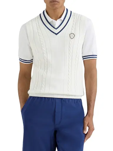 Brunello Cucinelli Men's Cotton Cable Knit Sweater Vest with Logo - Panama | Thumbnail 2