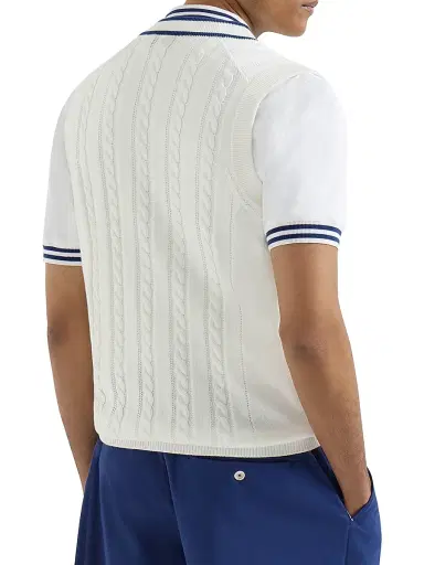 Brunello Cucinelli Men's Cotton Cable Knit Sweater Vest with Logo - Panama | Thumbnail 3