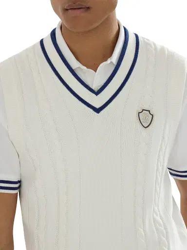 Brunello Cucinelli Men's Cotton Cable Knit Sweater Vest with Logo - Panama | Thumbnail 4