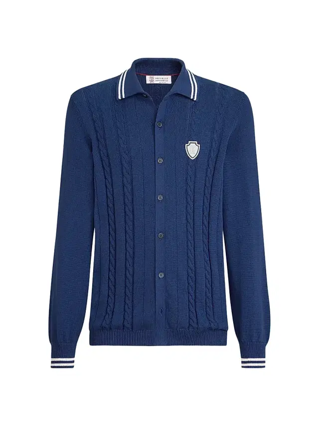 Men's Cotton Cable Knit Shirt with Logo - Avio Blue