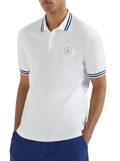Brunello Cucinelli Men's Cotton Jersey Polo Shirt with Striped Collar - Panama | Thumbnail 2