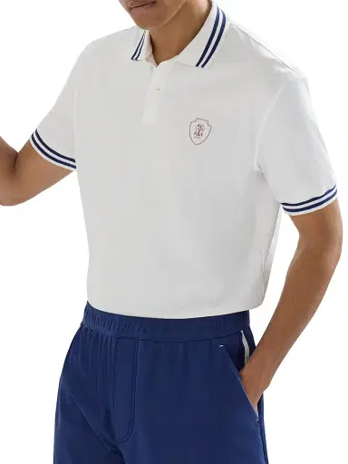 Brunello Cucinelli Men's Cotton Jersey Polo Shirt with Striped Collar - Panama | Thumbnail 5