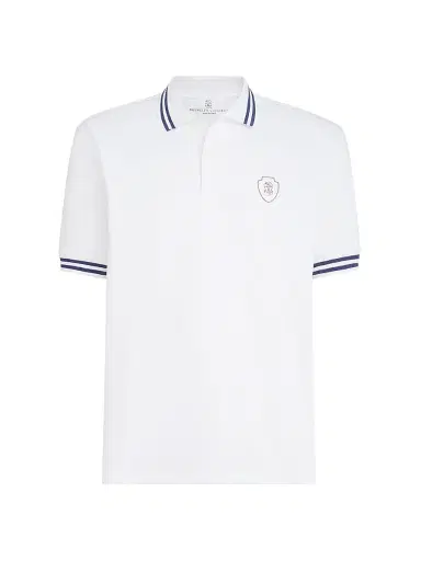 Brunello Cucinelli Men's Cotton Jersey Polo Shirt with Striped Collar - Panama | Thumbnail 1