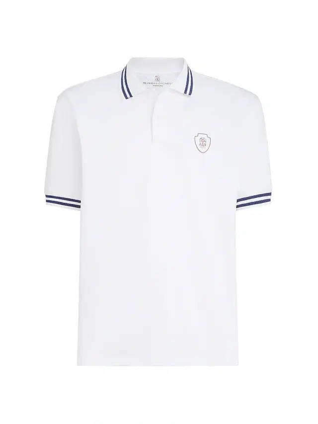 Brunello Cucinelli Men's Cotton Jersey Polo Shirt with Striped Collar - Panama