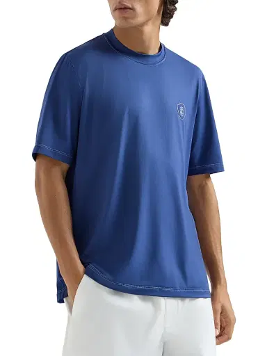 Brunello Cucinelli Men's Comfort Nylon Crew-Neck T-Shirt with Logo - Avio Blue - Size XXXXL | Thumbnail 2