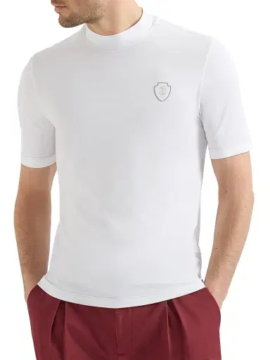 Brunello Cucinelli Men's Techno Piqué Mock Neck T-Shirt with Logo - White - Size XS | Thumbnail 2