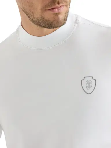 Brunello Cucinelli Men's Techno Piqué Mock Neck T-Shirt with Logo - White - Size XS | Thumbnail 4