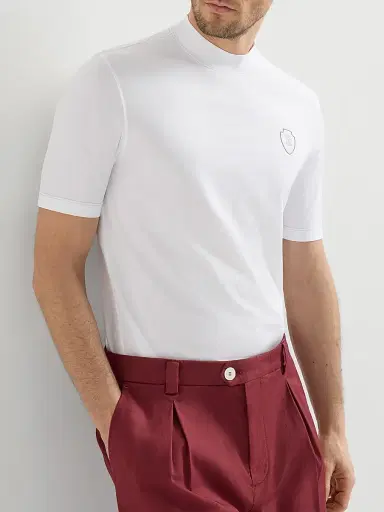 Brunello Cucinelli Men's Techno Piqué Mock Neck T-Shirt with Logo - White - Size XS | Thumbnail 5