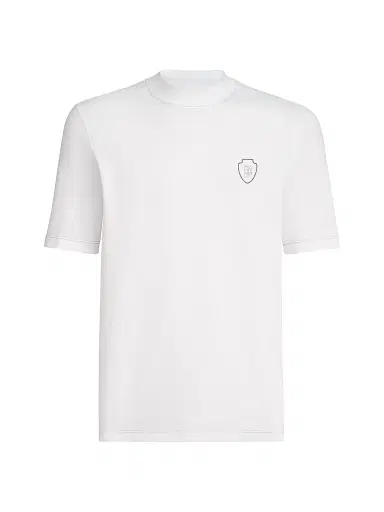 Brunello Cucinelli Men's Techno Piqué Mock Neck T-Shirt with Logo - White - Size XS | Thumbnail 1