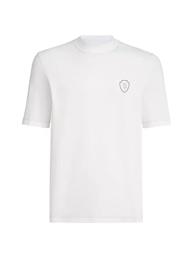 Brunello Cucinelli Men's Techno Piqué Mock Neck T-Shirt with Logo - White