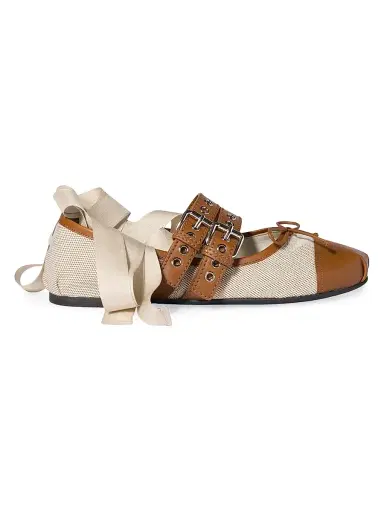 Miu Miu Women's Canvas and Leather Ballerinas - Beige Khaki - Size 7.5 | Thumbnail 1 Miu Miu Women's Canvas and Leather Ballerinas - Beige Khaki - Size 7.5 | Thumbnail 1