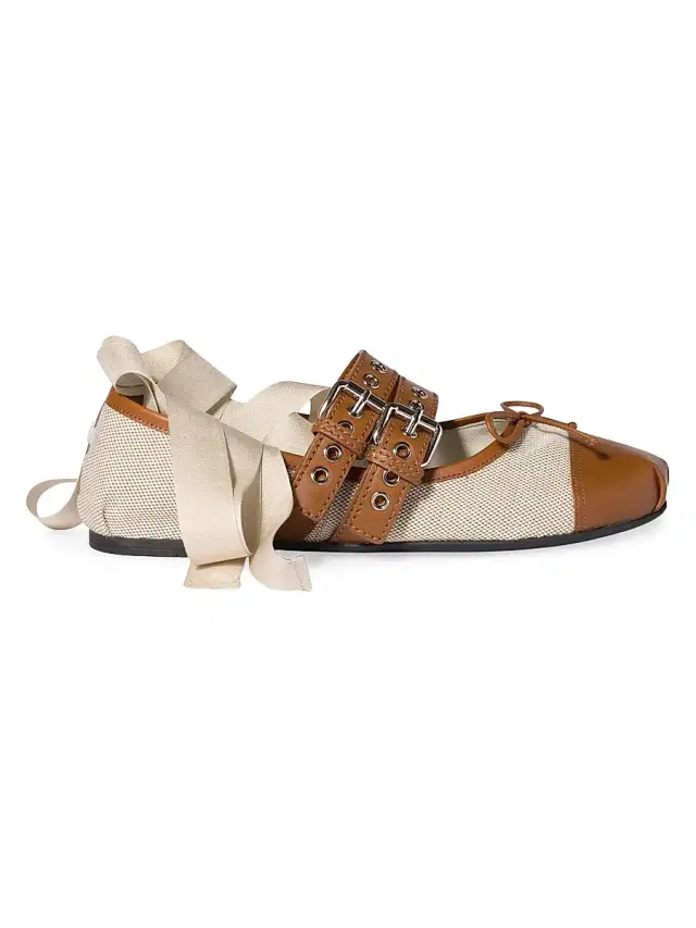 Miu Miu Women's Canvas and Leather Ballerinas - Beige Khaki