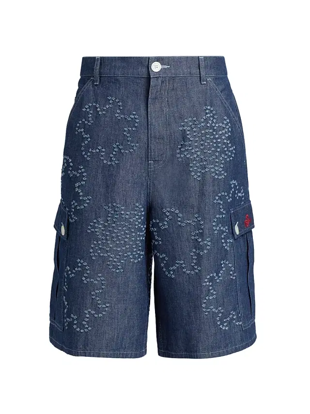 Men's Frayed Denim Low-Rise Wide-Leg Shorts - Orion Blue