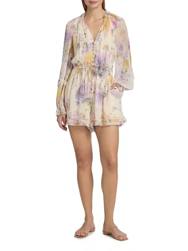 Zimmermann Women's Luna Floral Ruffle Playsuit - Cream Dahlia | Thumbnail 2 Zimmermann Women's Luna Floral Ruffle Playsuit - Cream Dahlia | Thumbnail 2