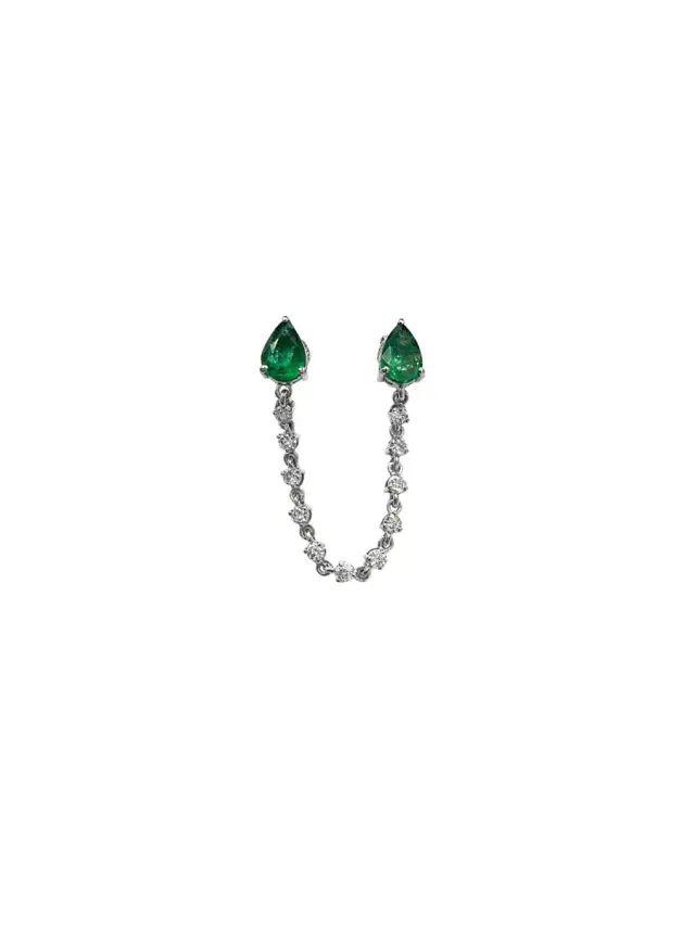 Wish Fine Jewelry 1.41ct Diamond Emerald 18K Gold Pear Chain Link Single Earring